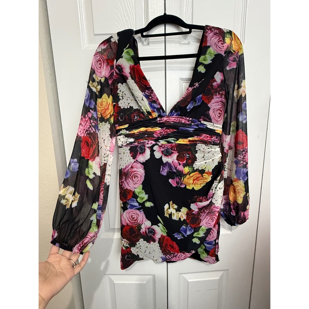 Ieena for Mac Duggal Floral V-Neck Ruched Mini Dress Black Multi Size 6 Cocktail